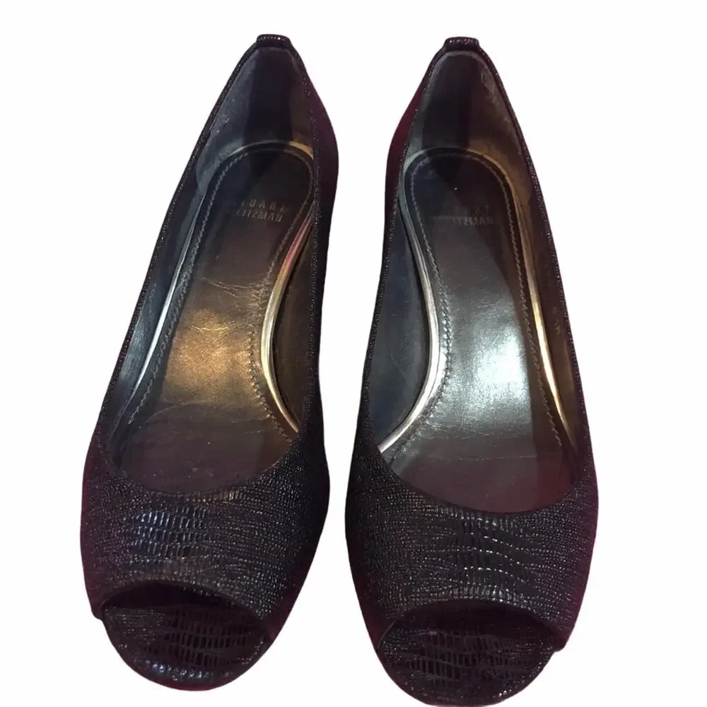 Stuart Weitzman Tofu Peep Toe Wedge Black 8.5 EUC